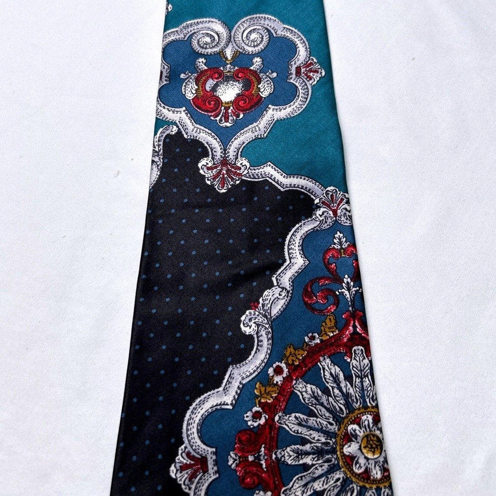 Arrow Mens Vintage Baroque Polka Dot Silk Necktie 57" Long Teal Navy Burgundy - Picture 2 of 6